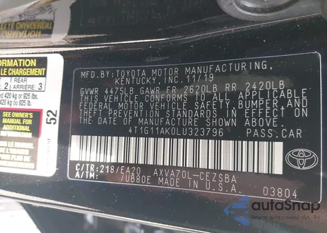 2020 Toyota Camry Se from USA, damaged, VIN 4T1G11AK0LU323796